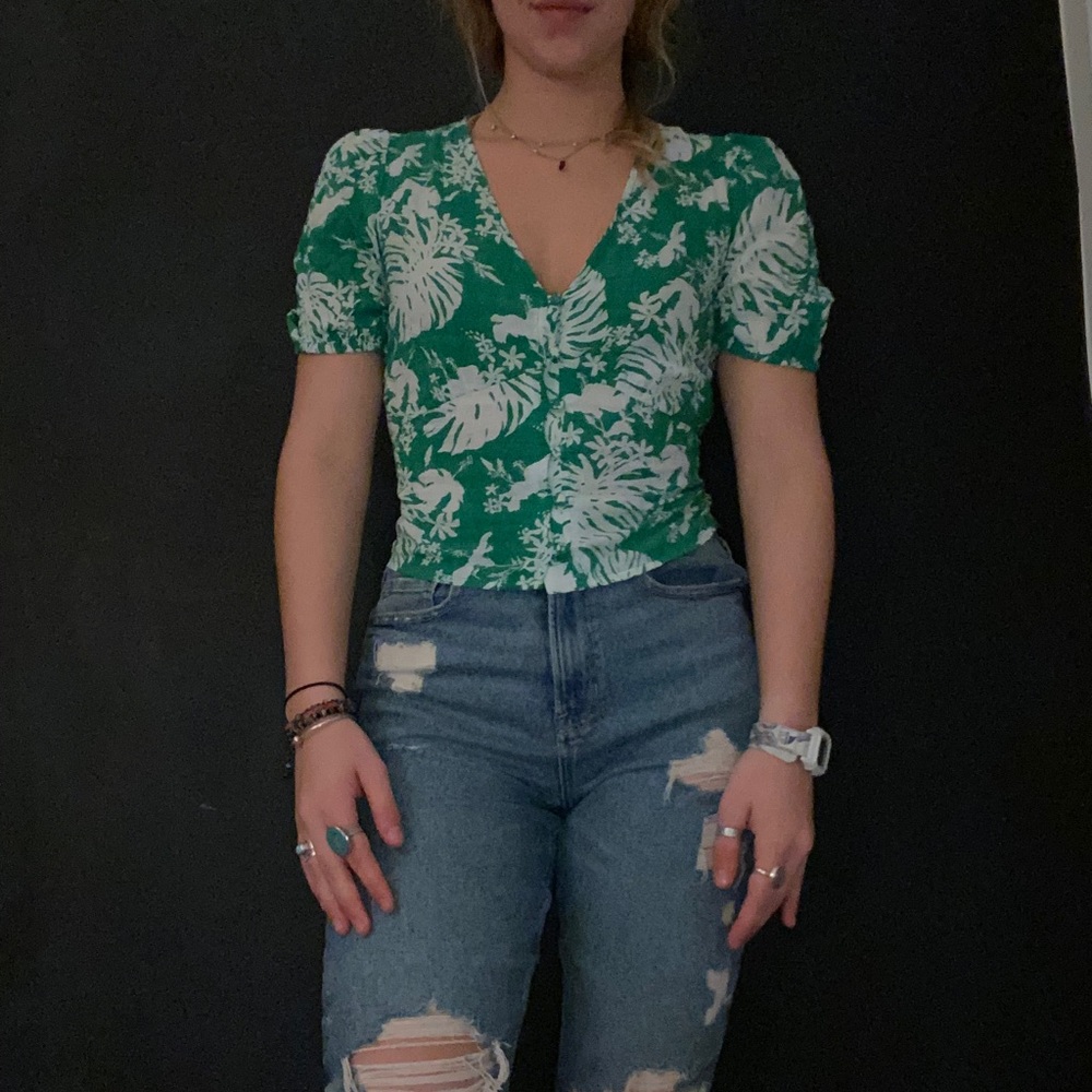 Green button up crop top with floral design